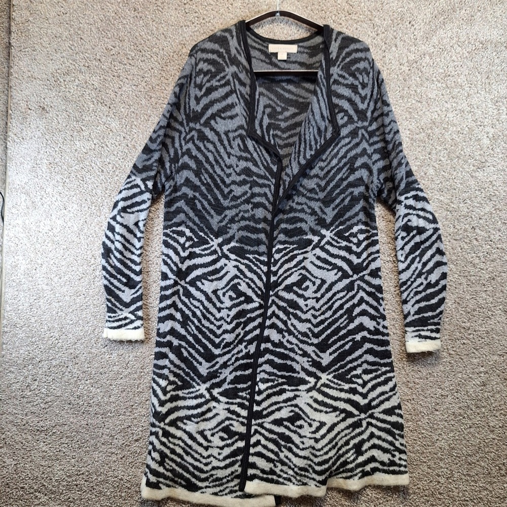 Laura Ashley Cardigan Women 1X Zebra Print Open Front Long Duster Chic Wool